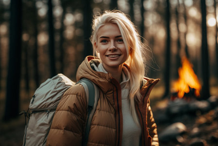 young adult woman is outdoors in nature in the forest with a camping tent and a campfire, wearing jacket and a hiking backpack, hiking or overnight stay as an adventure or for relaxation. Generative AIの素材