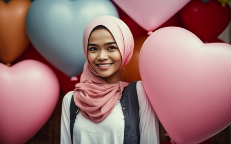 young teenage or young adult woman with heart shaped balloons and a smile, hijab or similar. Generative AIの素材