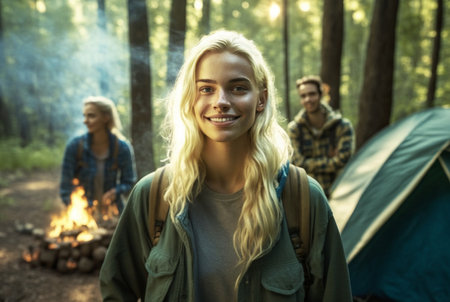 young adult woman or teenager is outdoors with a group or friends in nature in the forest with a camping tent, wearing a jacket, hiking or overnight stay as an adventure or for relaxation. Generative AIの素材