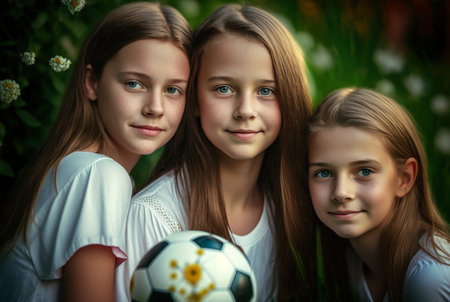 three small children outside with a ball, fictional place and people. Generative AIの素材