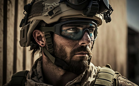 an adult man, soldier in uniform with hard hat and goggles and beard with microphone, dirty or dirty face, strong penetrating gaze, soldier in war, fictional place and person. Generative AIの素材