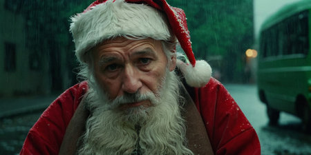 Santa Claus wears Santa Claus costume, sad almost crying facial expression, emotions and feelings, sadness or depression, regret and disappointment, being a good person, Christmas day, Christmas drama and desperate, poverty and hopelessness, rainy day with rainの素材