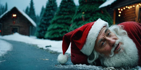 abstract, Santa Claus has an attack of weakness or is exhausted due to exhaustion or is unconscious or is dead, deceased Santa Claus red bobble hat on winter street with snow and snowflakes and fir trees in the Christmas village, Christmas drama and horrorの素材