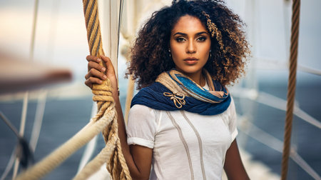 young adult woman, tanned skin tone, hispanic latina multiracial brazilian or fictional, slim attractive, curly brunette hair, standing on a luxurious small yacht, on the sea on the ocean in the water, luxury and wealth and traveling by ship, relaxed and good cheerful, tropical or South American, leisure in the early morning or afternoonの素材