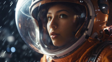 Portrait of a beautiful young woman wearing an astronaut helmet in the rainの素材
