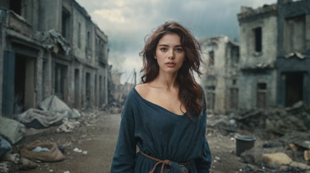 A girl in a blue dress stands in the ruins of an old buildingの素材