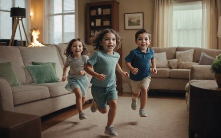 Children light a fire at home and a fire runs in the background, danger and house fire, three children, small children, playing in the living room at home, family or neighbor children as best friends, in the day, at home, running and jumping and romping around, good mood and fun, childhood and leisure, caucasian, ages 6 to 7の素材