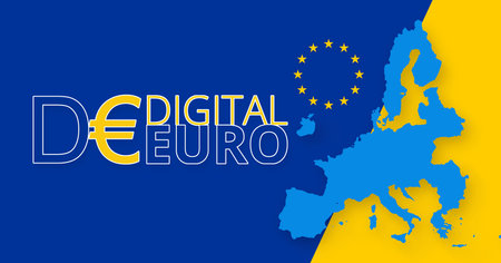 digital euro, blue yellow background, Europe EUの写真素材