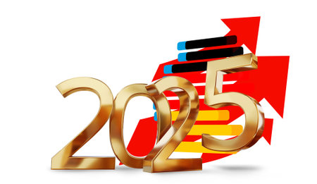 golden metallic year 2025 with three red upward arrows and black and blue bar elements