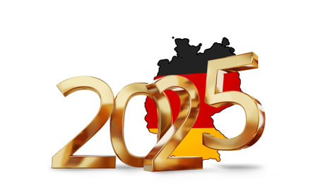 year 2025 golden metallic floating and map of Germany