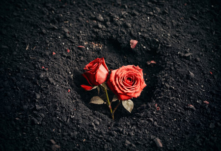 two red roses buried in dark soil or abstract ashes, still lifeの素材