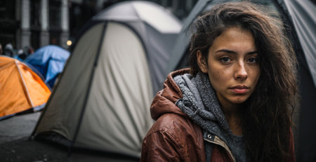 Close-up portrait in an urban encampment, a young woman's gaze amidst the tents, the stark reality of homelessnessの素材