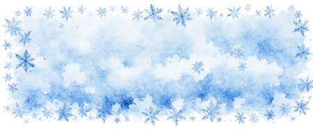 Winter watercolor background with snowflakes and frosty sky, Christmas holiday bannerの素材