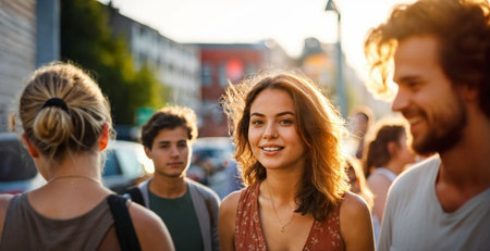 group of young adults together outdoors in urban setting during golden hour looking happyの素材