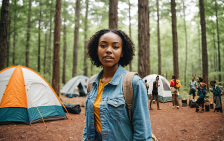 young woman camping in a forest with tents, in the background more people and treesの素材
