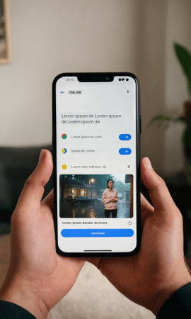 Hands holding smartphone displaying online app interface with text, colored bullets, and image of person as news or start page while browsing onlineの素材