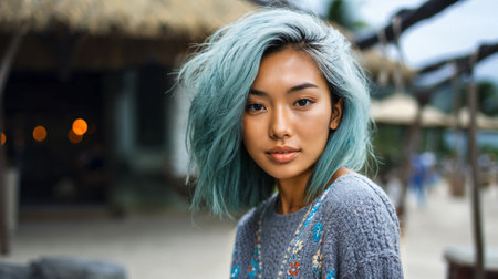 young asian woman girl with light blue dyed hair color at tropical place, close-up portraitの素材