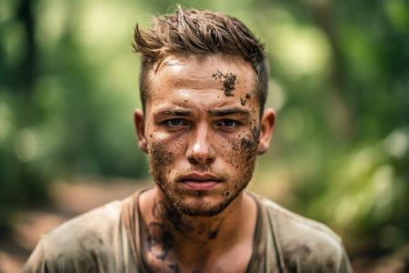 young man in the wilderness, dirty face, lost in nature or survivor after got lost while hiking or after plane crash siteの素材