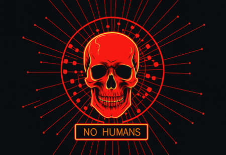 abstract creative of red skull as evil ai robot machine bot with glowing skull on dark digital backgroundの素材