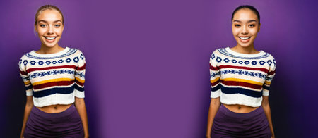 smiling young woman with blonde hair and smiling young Asian woman, age 20-30, wearing a striped crop top, on a purple background.の素材