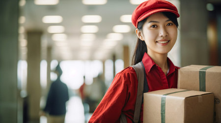 Asian delivery woman with packages, young woman with parcel packagesの素材