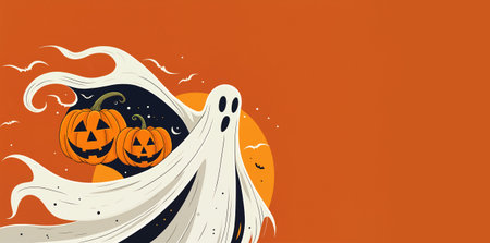 title:spooky halloween illustration with a friendly ghost, carved pumpkins, and bats against an orange backgroundの素材