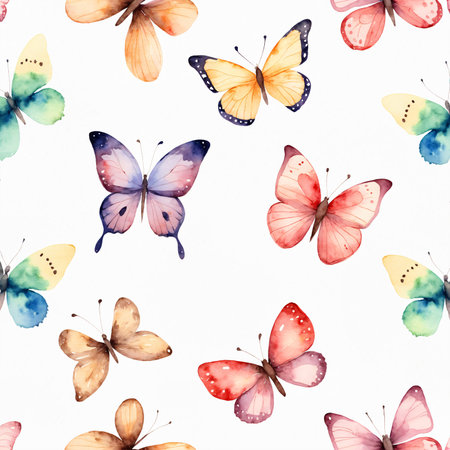 Watercolor illustration of colorful butterflies in flight on a clean white backgroundの素材