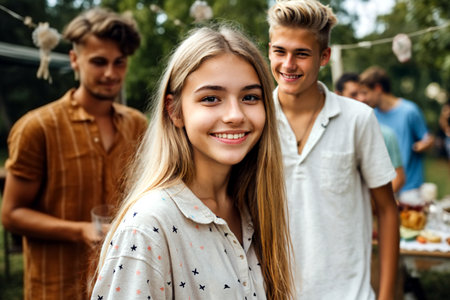 a smiling teenage girl enjoys an outdoor summer party with friends in the background, creating a happy and youthful social atmosphere at a backyard gatheringの素材
