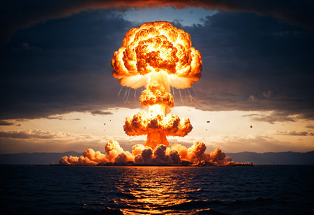 fictional, fiery nuclear explosion over the oceanの素材