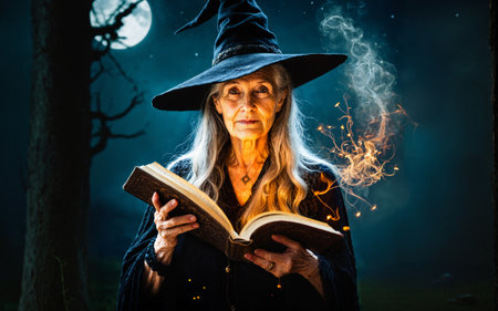 a wise old witch in a dark enchanted forest at night, casting a magic spell from an ancient book under the light of a full moonの素材