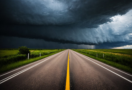 highway leading into a dramatic storm frontの素材