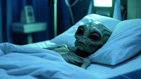 Frail alien figure in hospital bed with medical equipment under dim blue light suggesting illness and extraterrestrial healthcare challengesの素材
