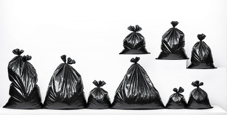 black plastic trash bags of varying sizes arranged in stepped pattern on white surface and background depicting waste disposal and organized clutter in minimalist compositionの素材