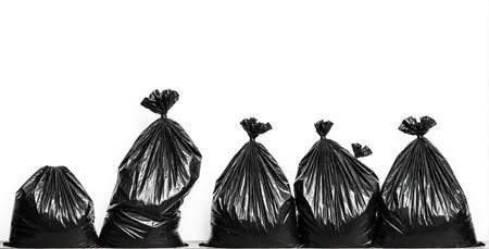 Row of black plastic trash bags in varying heights and fullness levels on white background illustrating waste accumulation environmental pollution and recycling challenges in simple stark compositionの素材