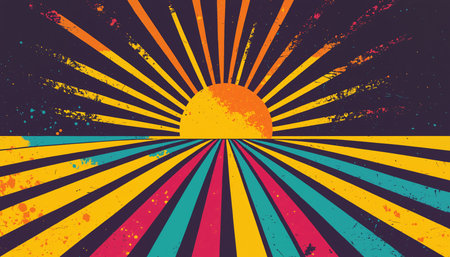 retro style sunburst over colorful striped roadの素材