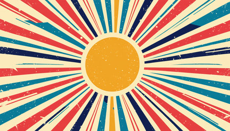 dynamic retro sunburst with a distressed texture and radiating beams of various lengths in a vintage red blue and yellow color palette.の素材