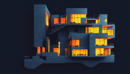 modern brutalist architectural design of a concrete office building illuminated with warm orange lights against a dark night sky creating a futuristic concept.の素材