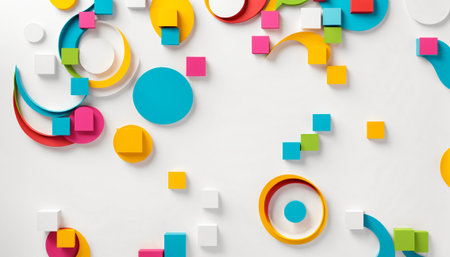 dynamic abstract composition of colorful geometric shapes and swirling ribbons creating a playful and creative background design for modern presentations.の素材