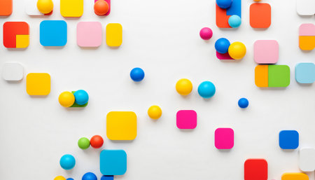 abstract arrangement of colorful squares with spheres and blocks minimal designの素材