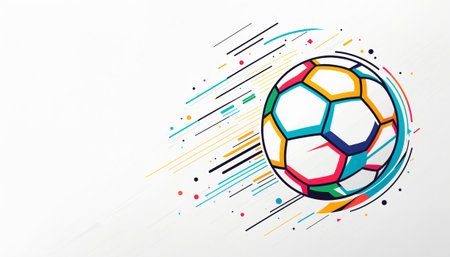 a colorful soccer ball in motion against a white background, with an abstract explosion of dynamic lines and splashes representing speed, power, and match excitement.の素材