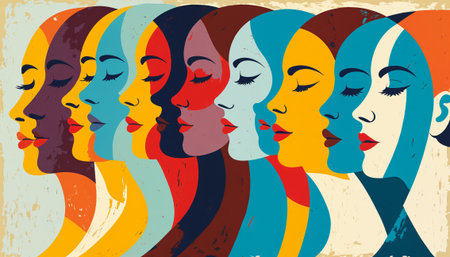 Colorful abstract profiles of women with different skin tones symbolizing diversity and identityの素材