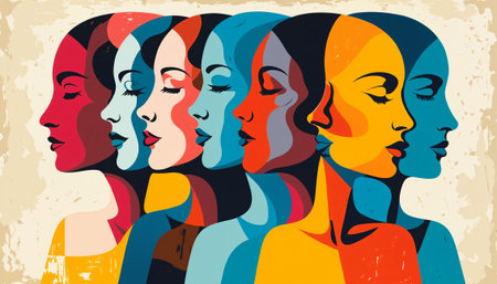 abstract row of women profiles in bright colors with closed eyes and retro textureの素材
