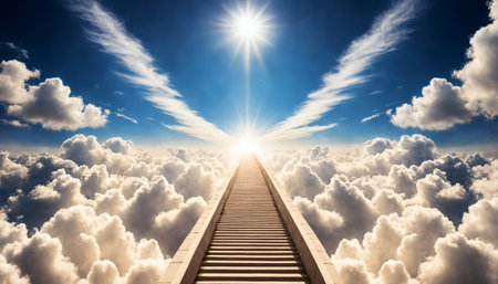 stairway to heaven ascending through sunlit clouds towards the sunの素材