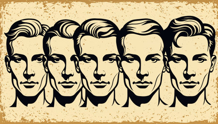 vintage pop art style faces of five men with grunge textureの素材