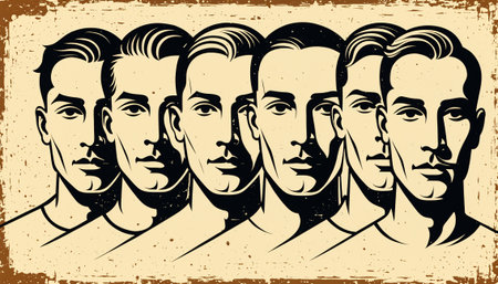 monochromatic abstract illustration of multiple men's faces with distinct hair styles and vintage grungeの素材