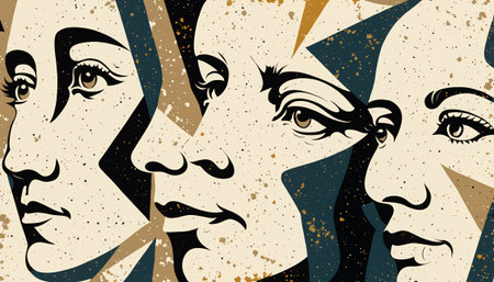 abstract fragmented portrait of three women with pop art style and grungeの素材