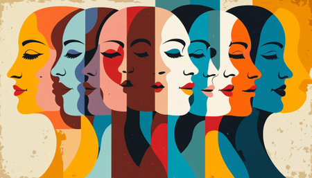 colorful abstract profiles of women with eyes closed symbolizing diversity and inner peaceの素材