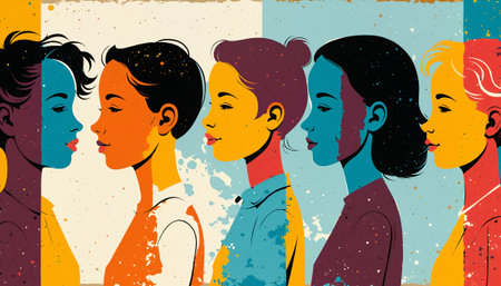 Pop art style side portraits of six women in bright colors with paint splattersの素材