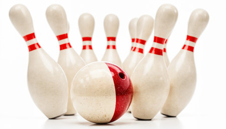 bowling ball with red and white color standing in front of pinsの素材