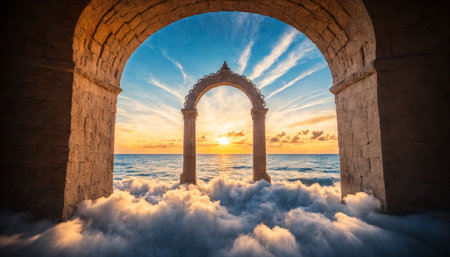 archway leading to sunny ocean view above surreal cloudsの素材